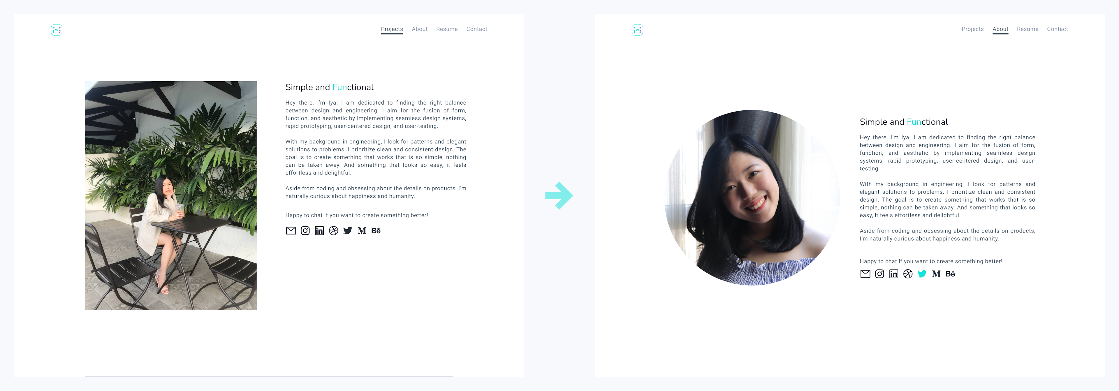 Image shows two versions of my portrait in the about page. The first one is rendered in a rectangular frame. The second one is placed in a circular frame and looks more casual.