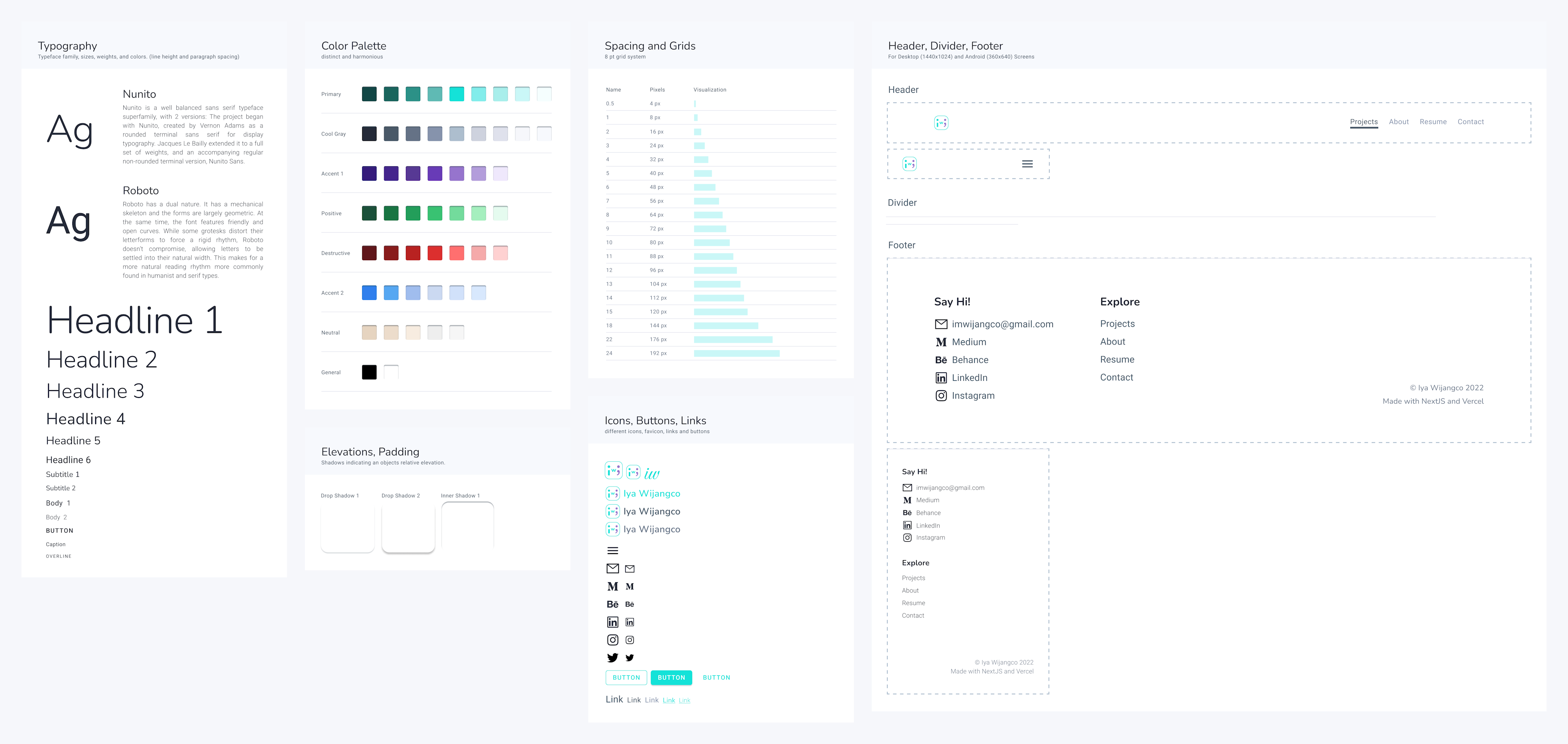 This shows the design system used in this project. The typography, colors, iconography, shadows, spacing, button variants, link variants, and other molecules are listed here.