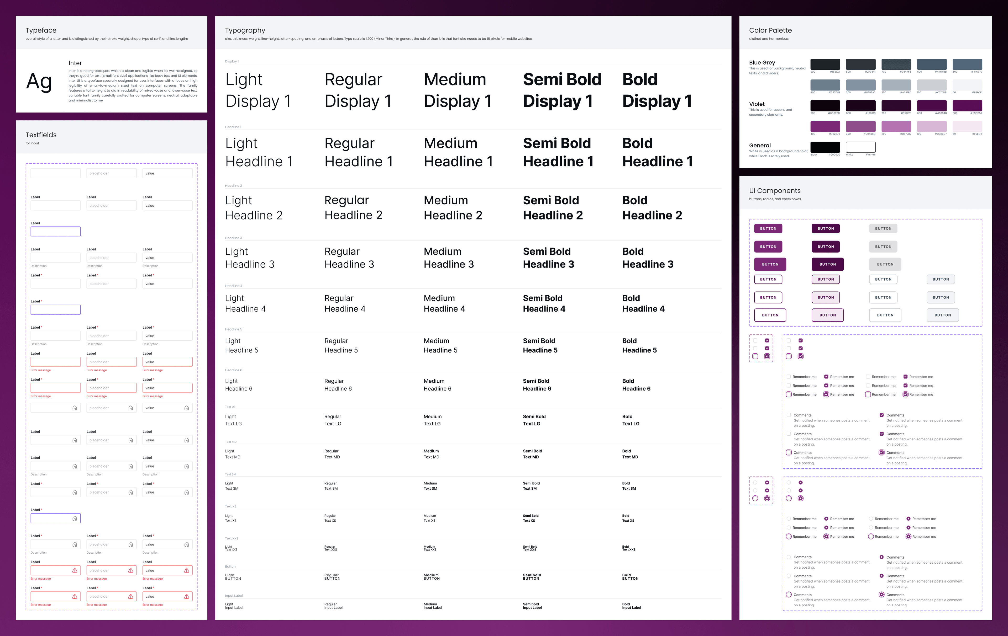 UI stylesheet showcasing the website’s color palette, typography, and key UI components including buttons, checkboxes, radio buttons, and text fields.